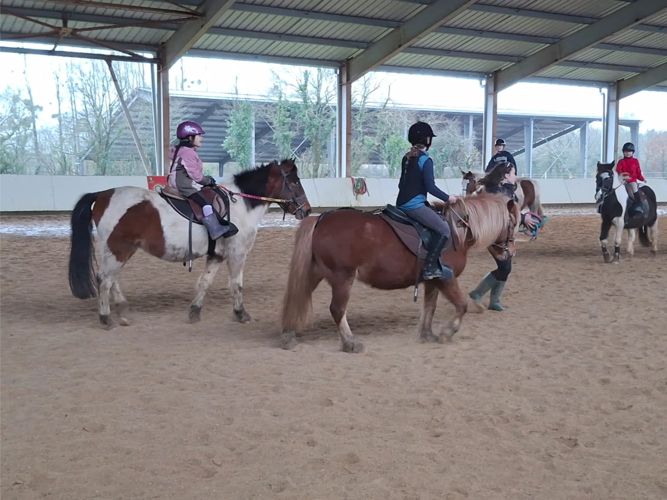 Enfants en reprise poney, exercices simples en carrière, avec un encadrement attentif.